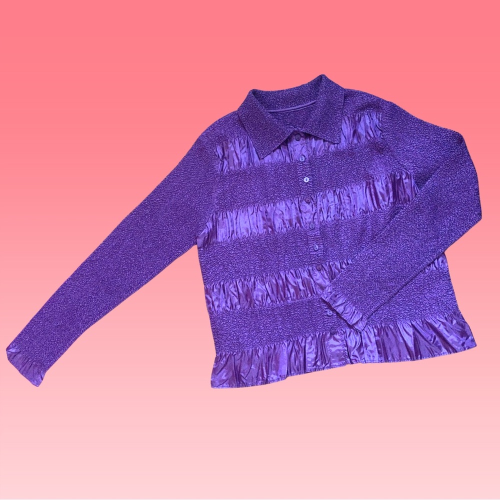 🌈4/$20🌈 Vintage 90s/Y2K Cherry Girl Lux Purple Popcorn Stretch Collar Shirt ~M